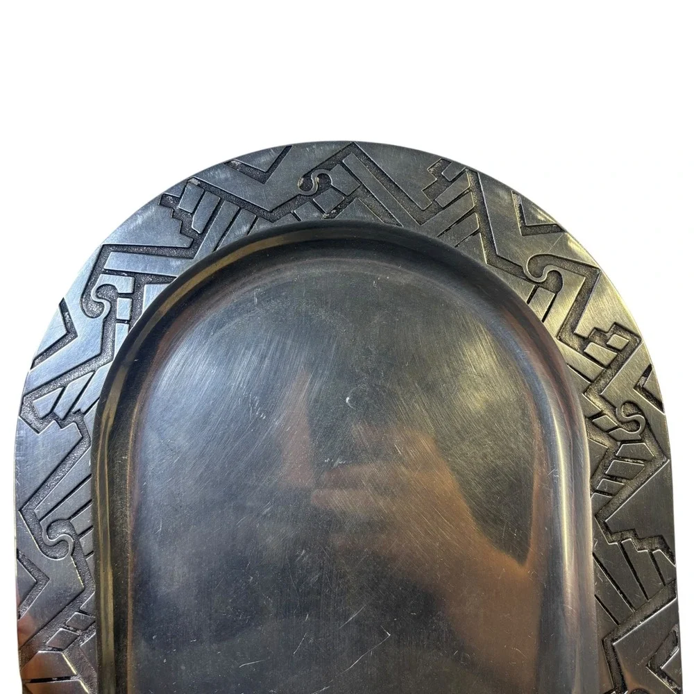 Wilton Mount Joy PA USA Pewter Oval Serving Tray Geometric Aztec Border 18.5in